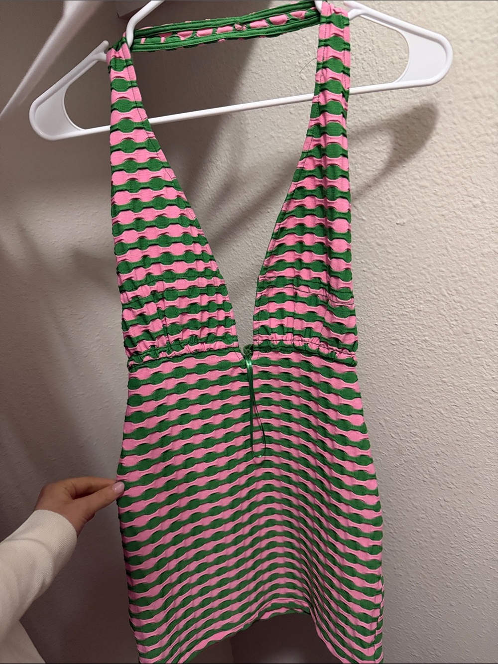 Zara Pink and Green Striped Backless Halter Dress